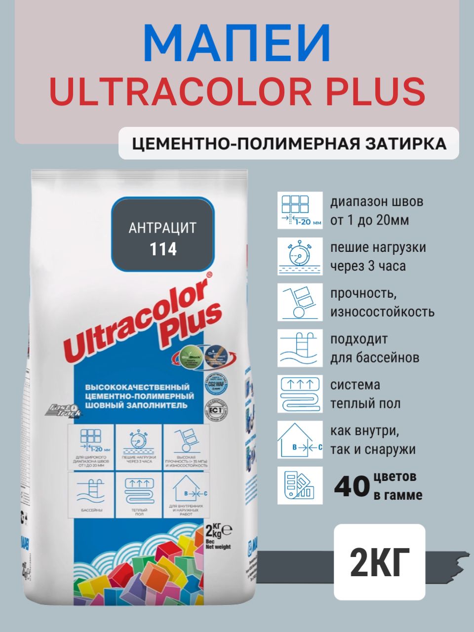 ULTRACOLOR PLUS, цвет №114 Антрацит, (2кг), (Россия), Смесь сухая затирочная класс CG2WAF