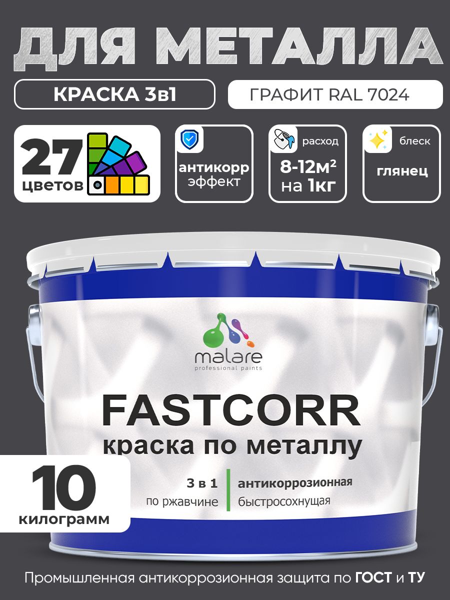 Краска для металла по ржавчине Malare FastCorr, для наружных работ износостойкая, быстросохнущая RAL 7024 графитово-серый(темный), глянцевая, 10 кг