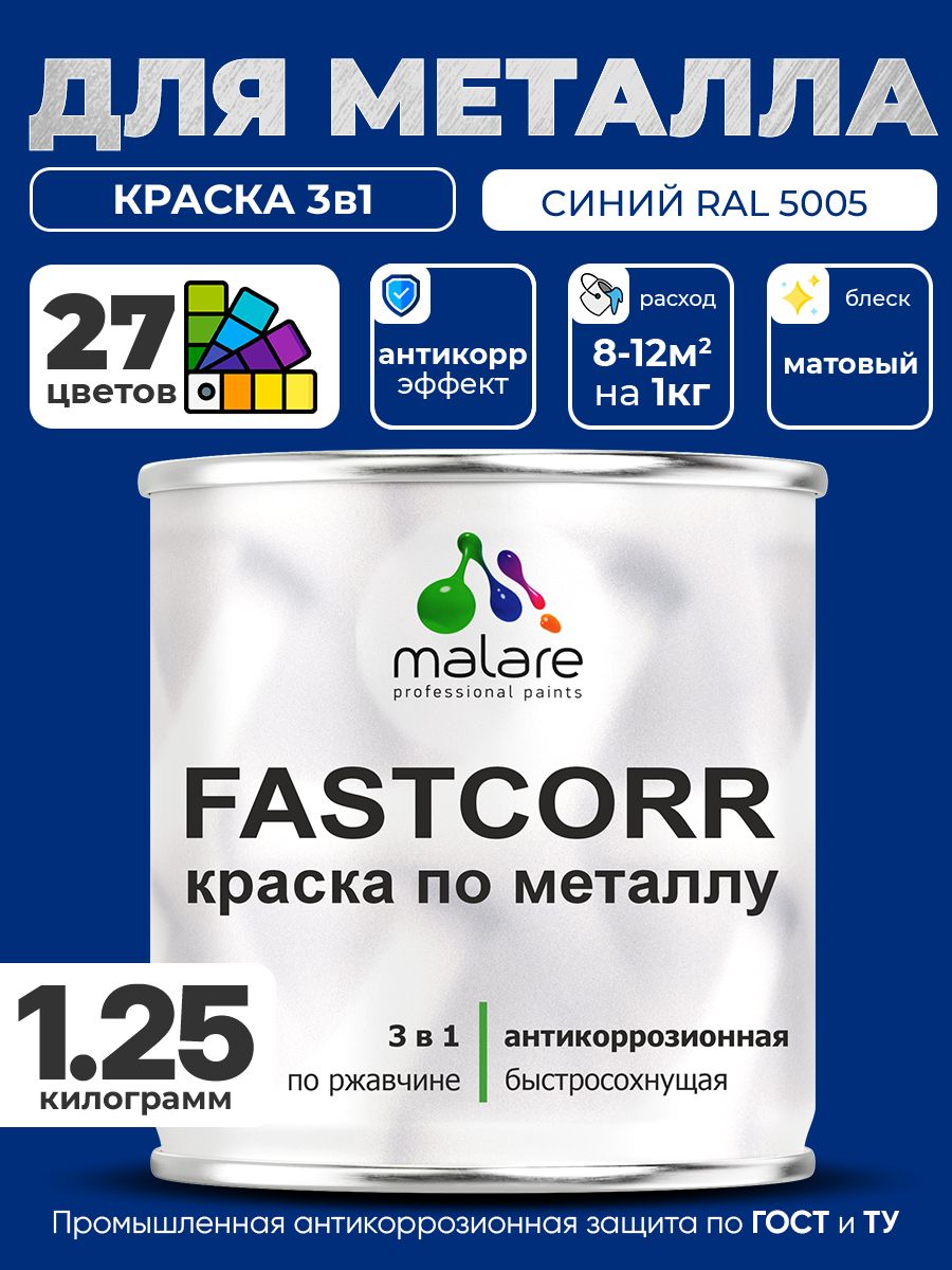 Краска для металла по ржавчине Malare FastCorr, для наружных работ износостойкая, быстросохнущая RAL 5005 синий, матовая, 1,25 кг
