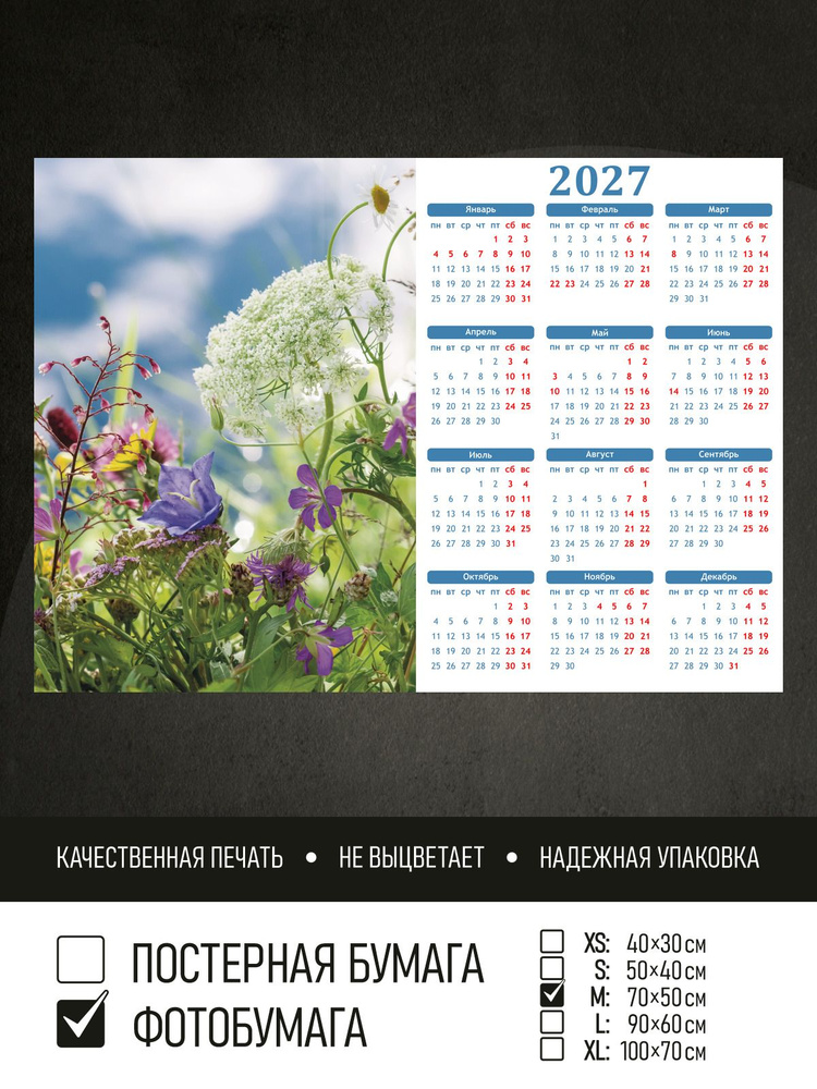 Календарь 2027 Цветочный луг под облаками, фотобумага 70х50 см ПолиЦентр #1