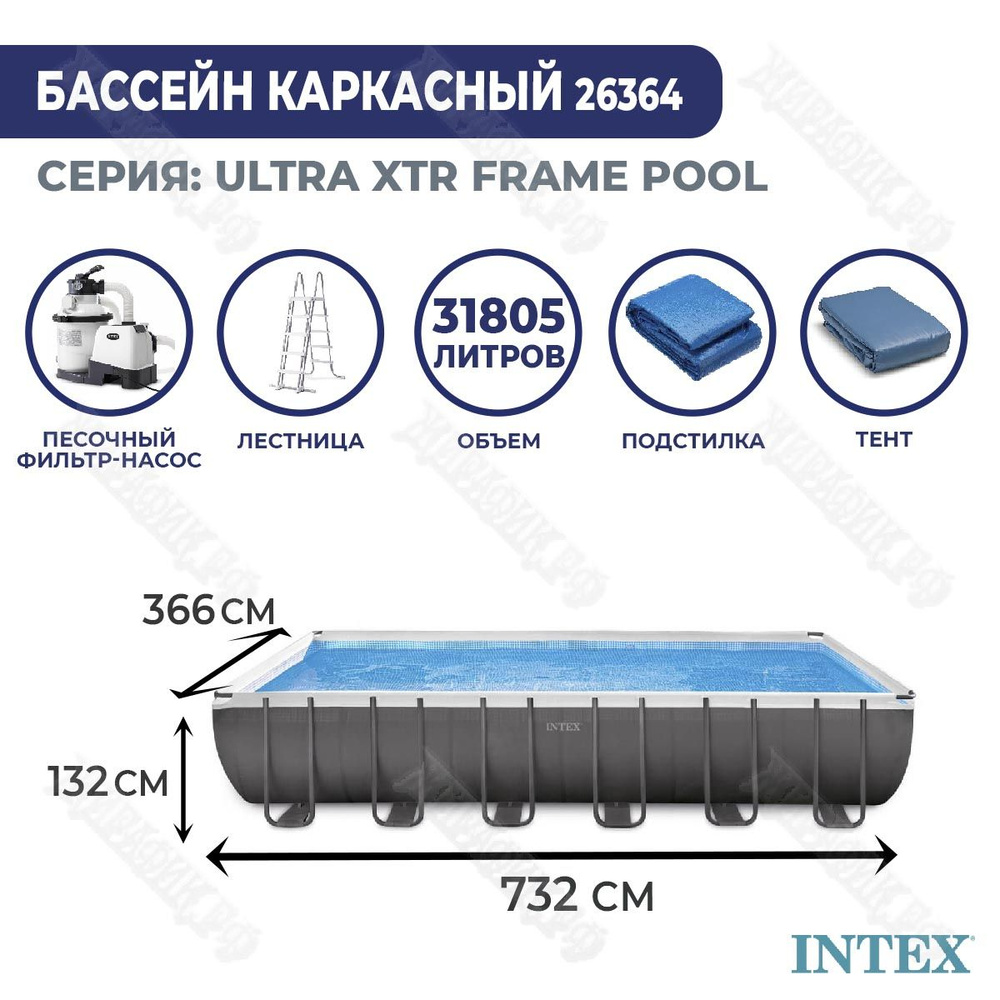 Каркасный прямоугольный бассейн 732x366x132 см Intex 26364 с фильтром, лестницей, тентом и подстилкой #1