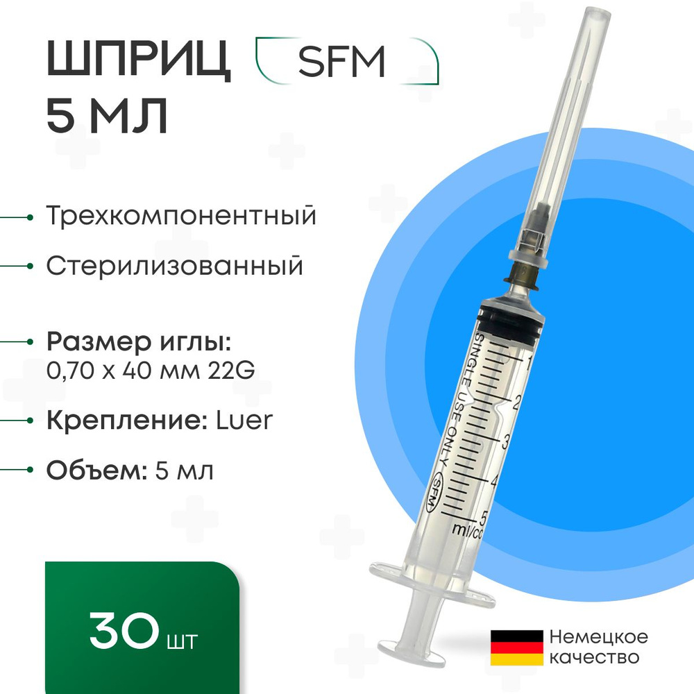 Шприц 5 мл. (3-х) SFM, Германия одноразовый стерилизованный с надетой иглой 0,70 х 40 - 22G (блистер), #1