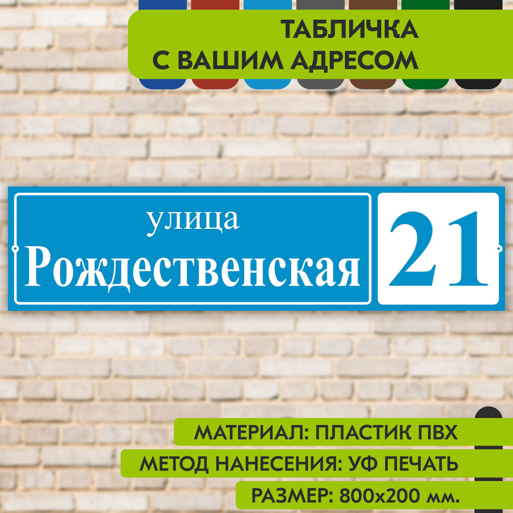 Адресная табличка на дом "Домовой знак" голубая, 800х200 мм., из пластика, УФ печать не выгорает  #1