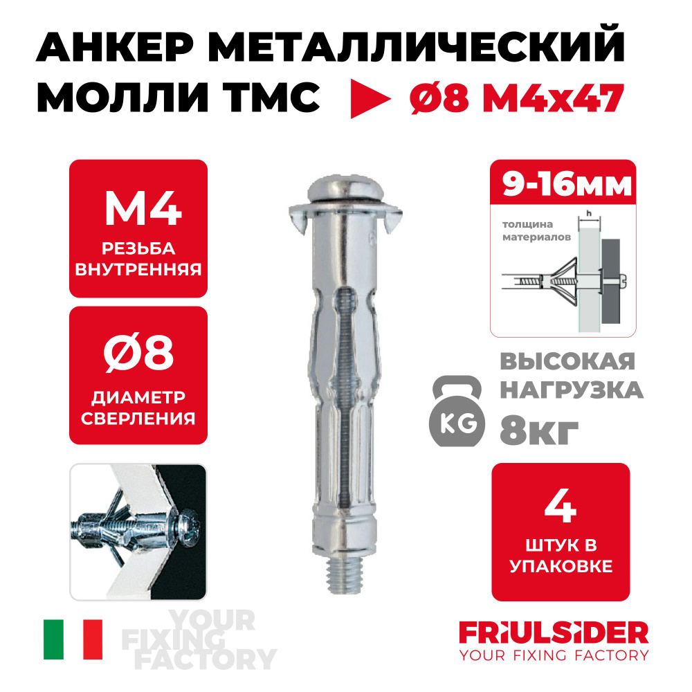 Анкер молли TMC 4x47 металлический для листовых материалов, гипсокартона (4 шт) - Friulsider  #1