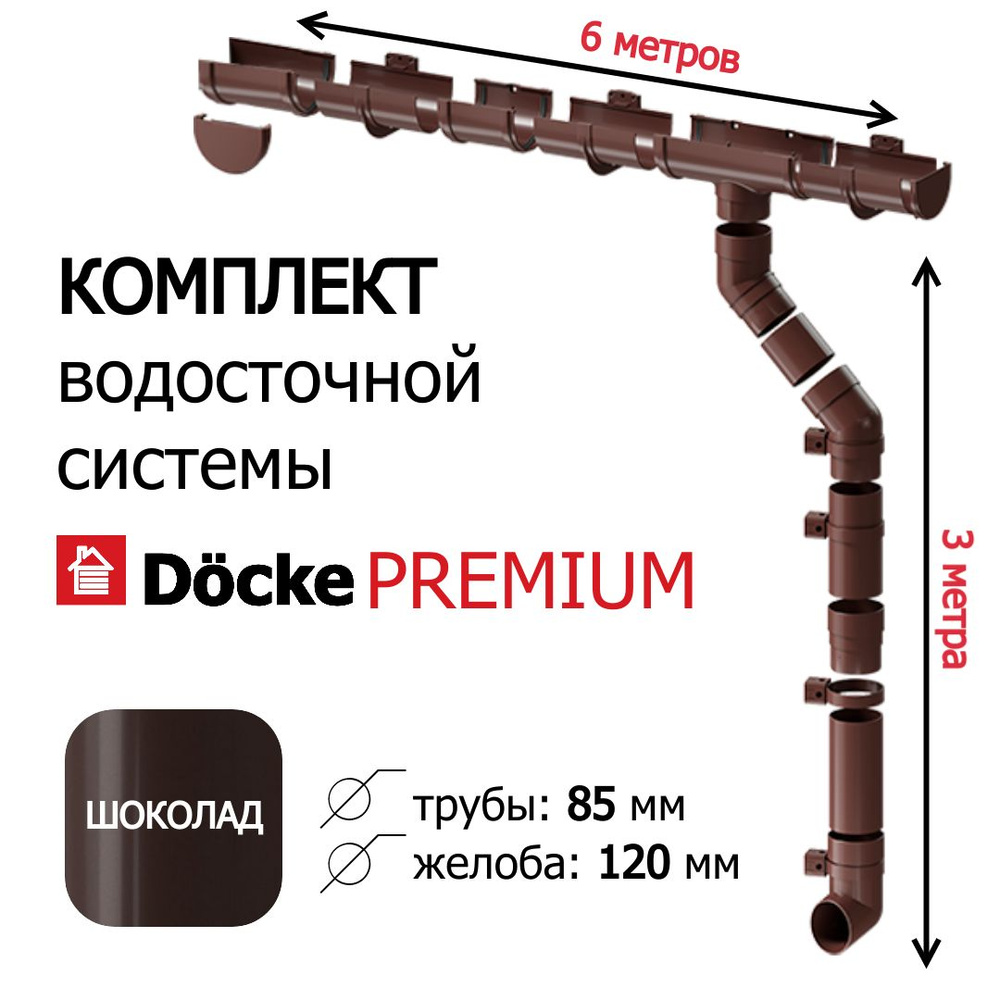 Водосточная система, Docke Premium 6м/3м, цвет шоколад, водосток для крыши дома Деке Премиум, RAL 8019, #1