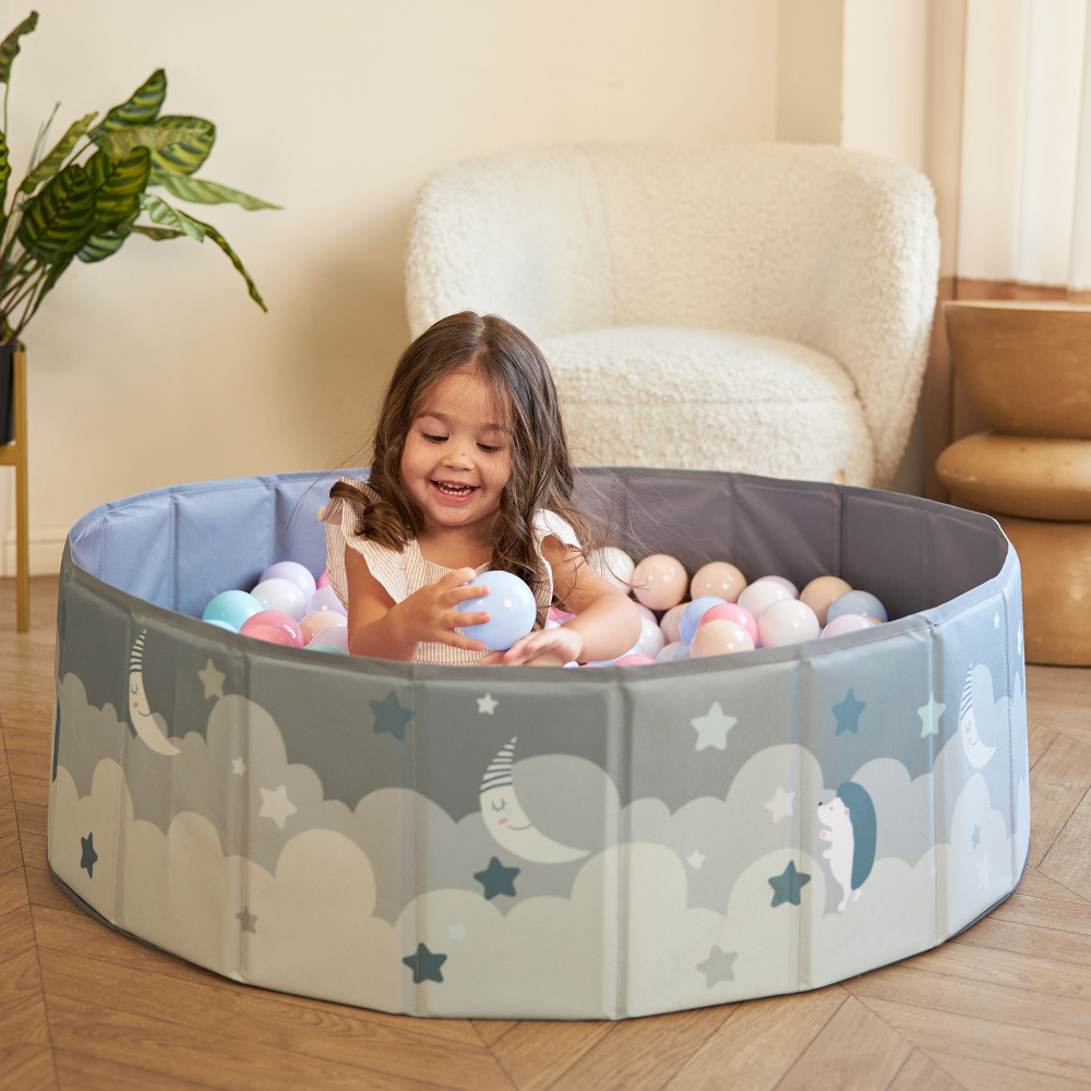 Детский сухой бассейн UNIX Kids Moon 100 см Grey + 150 шариков 6 цветов,  складной, сумочка в комплекте, высота бортиков 30 см, диаметр шарика 70 мм.