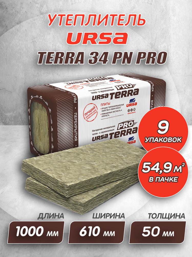 Утеплитель для стен и крыши URSA TERRA 34 PN PRO 50 мм 9 шт 54,9 м2 #1