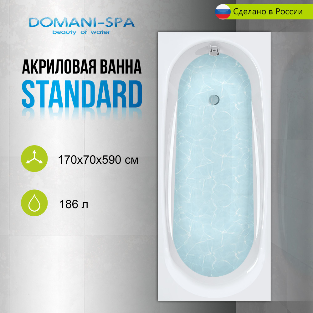 Ванна акриловая Domani-Spa Standard 170х70 пристенная, с ножками в комплекте / ванна на дачу, в дом  #1