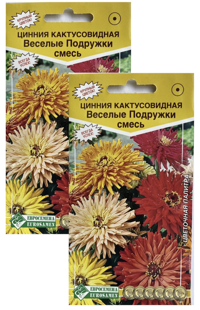 Цинния кактусовидная Веселые Подружки (смесь), 2 пакета, семена 0,3 гр, Евросемена  #1