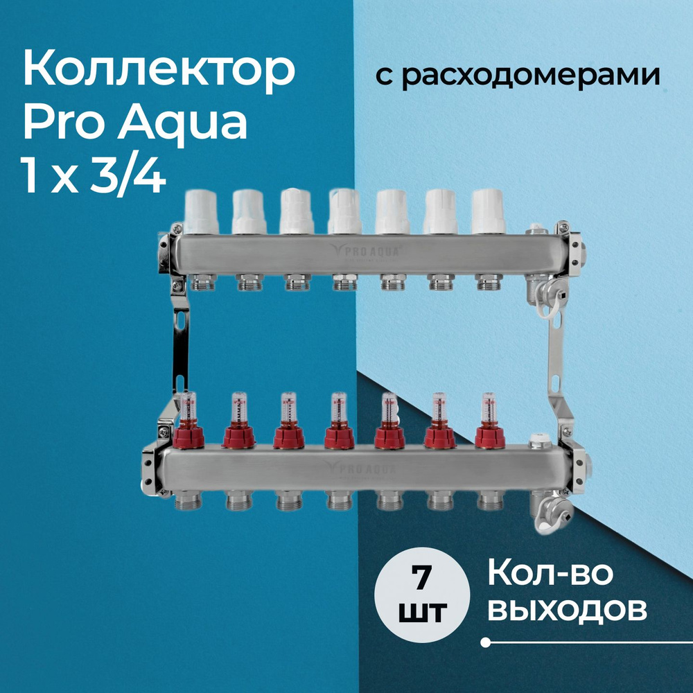 Коллекторная группа с расходомерами Pro Aqua 7 выходов, 430 мм, 1" x 3/4"  #1