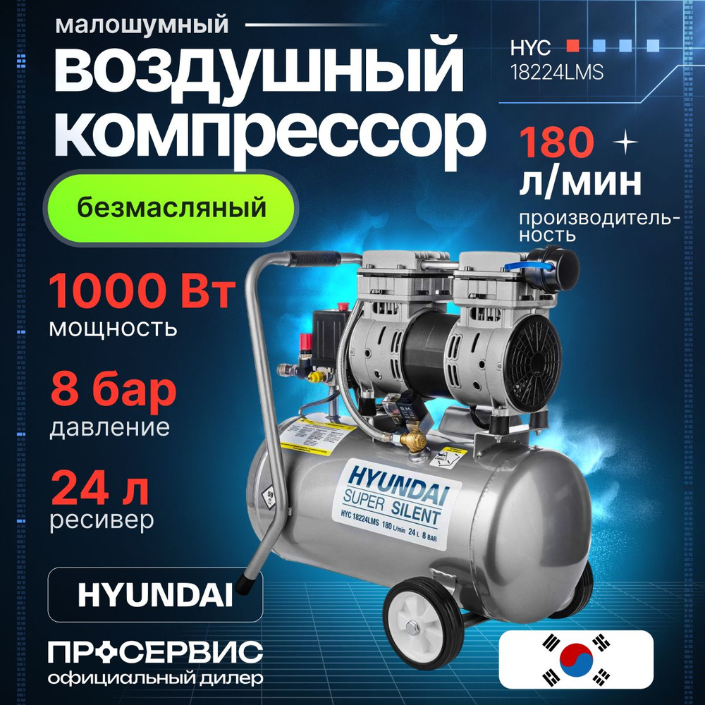 Компрессор воздушный безмасляный Hyundai HYC 18224LMS 1000Вт ресивер 24л  двухпоршневой электрический 220В 8 бар для покраски гаража ремонта 19,5кг