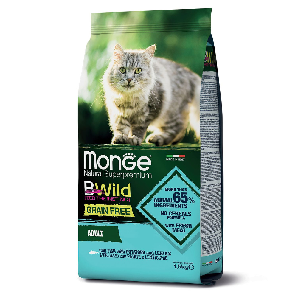 Сухой корм MONGE BWILD GRAIN FREE CAT ADULT COD FISH беззерновой для взрослых кошек с треской, картофелем #1