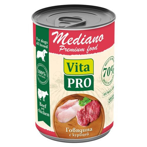 Vita Pro Mediano / Влажный корм Консервы Вита Про для собак Говядина с курицей, кусочки в соусе, 400г #1