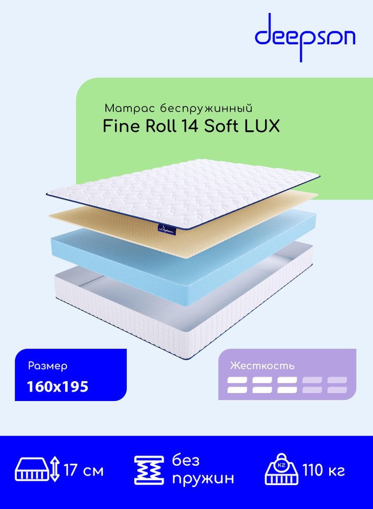 Матрас, Ортопедический матрас, Deepson Fine Roll 14 Soft LUX средней жесткости, Двуспальный, Беспружинный, #1