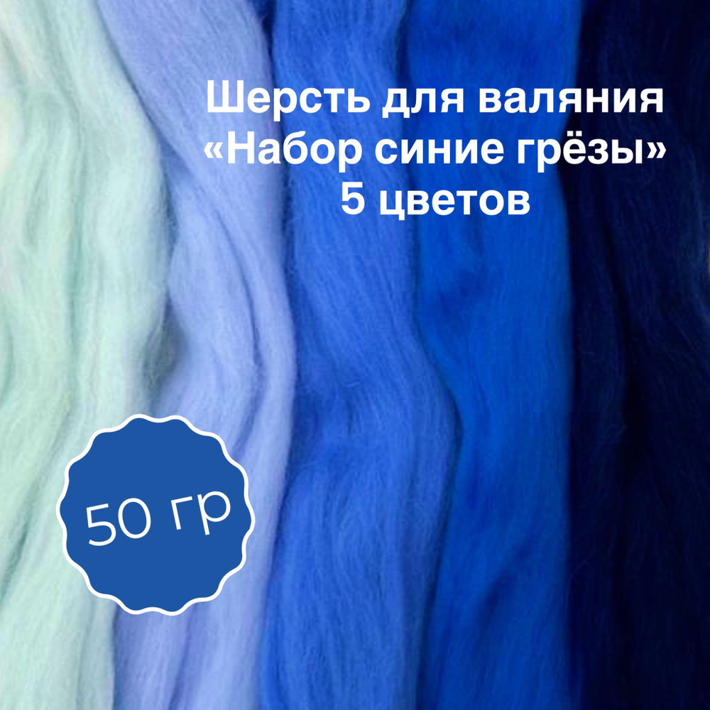 Шерсть натуральная для сухого и мокрого валяния "Набор синии грезы" 50гр. 5 цветов.  #1