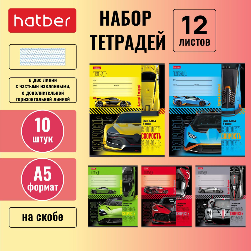 Набор тетрадей 10 штук/5 дизайнов Hatber 12 листов, в двойную линейку с частыми наклонными и дополнительной #1