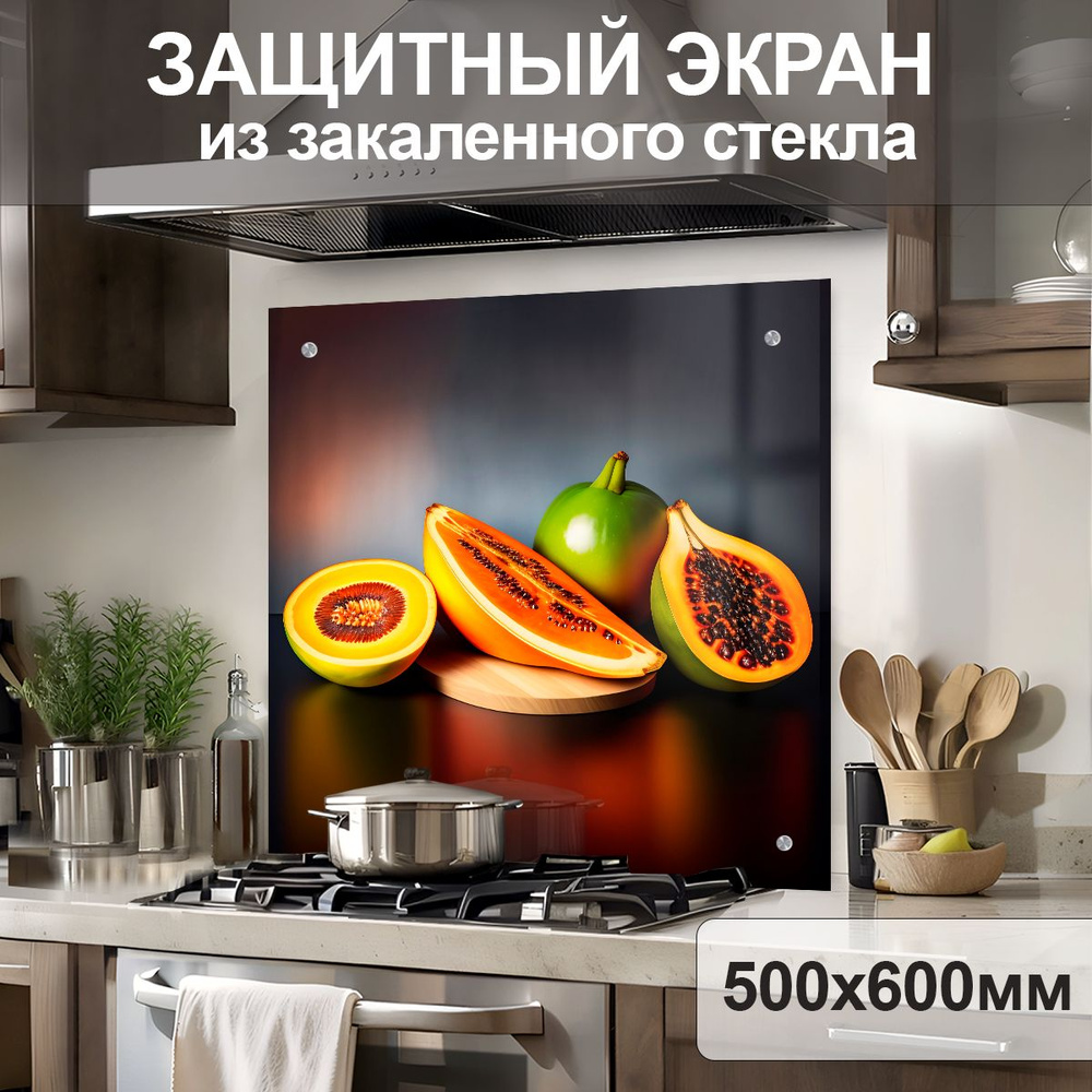 Защитный экран от брызг на плиту 600х500х4мм. Стеновая панель для кухни из закаленного стекла. Фартук #1