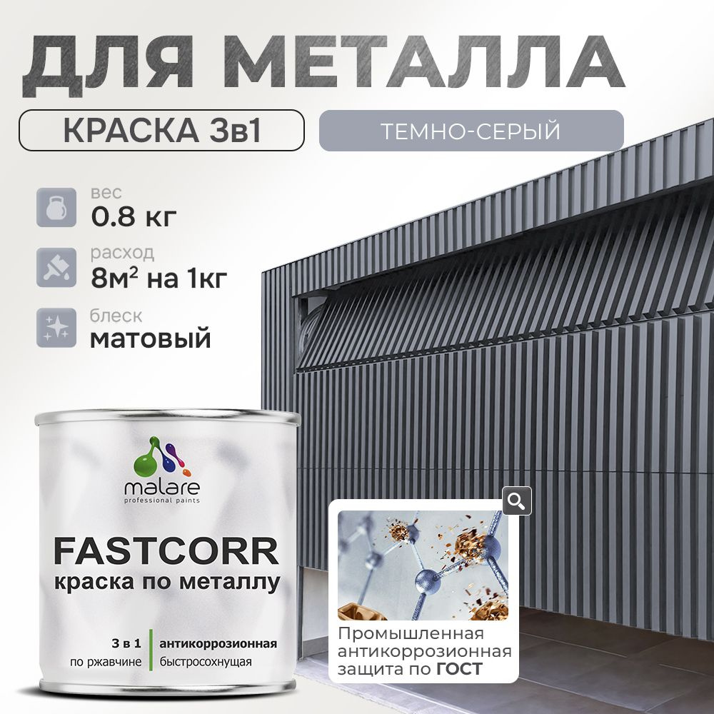 Краска для металла по ржавчине Malare FastCorr, для наружных работ износостойкая, быстросохнущая RAL #1