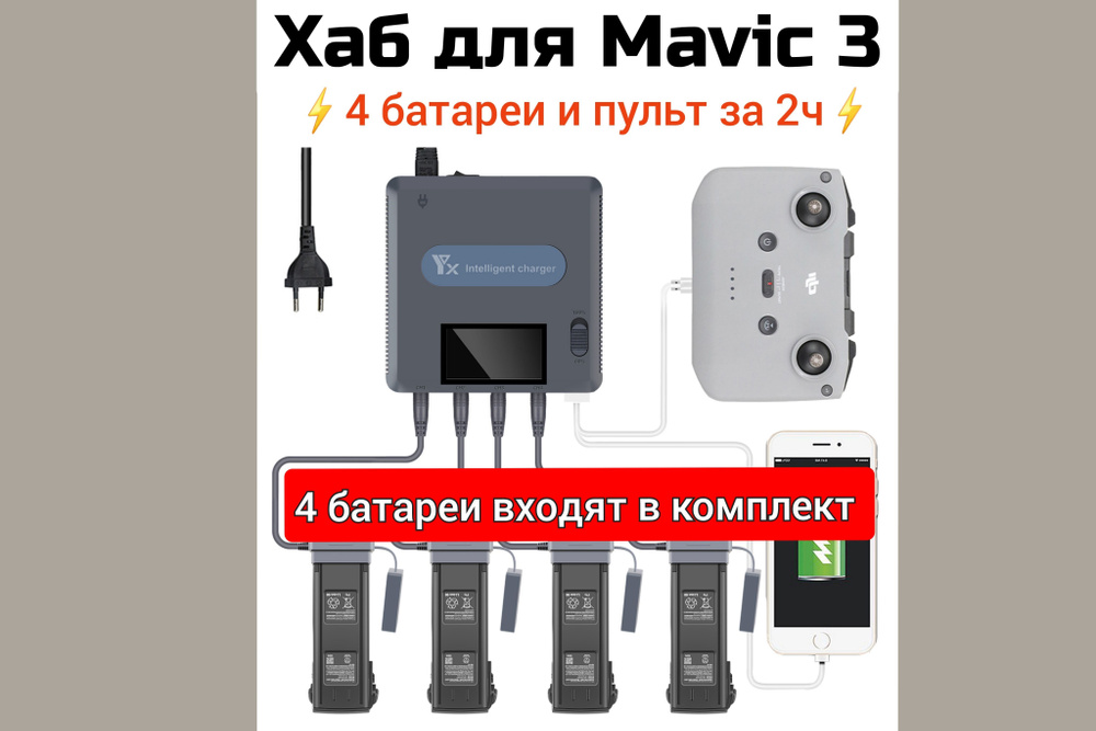 Скоростная зарядка/хаб +4 батареи для дрона Mavic3 #1