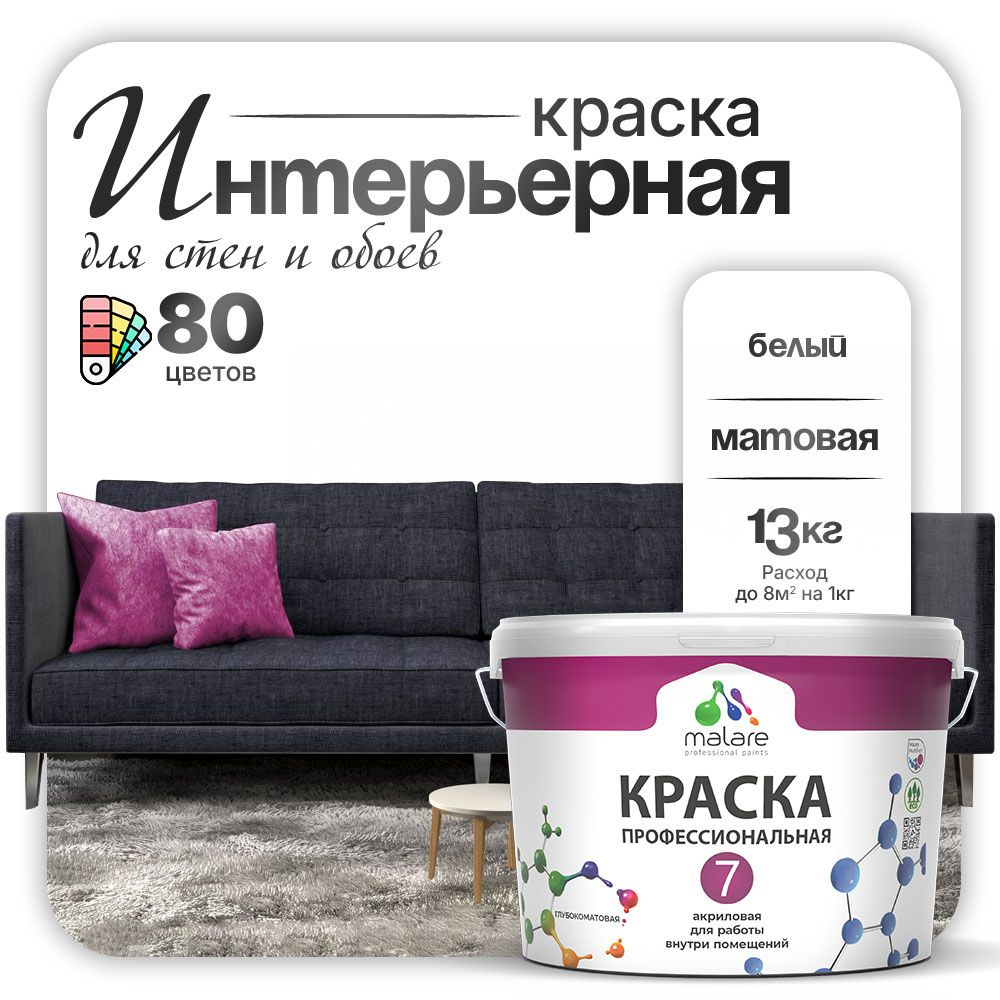 Краска Malare Professional Euro №7 интерьерная для стен и обоев, для потолка, акриловая, быстросохнущая, #1