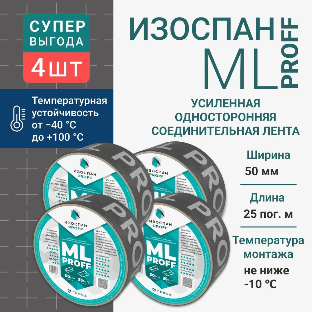 Лента ИЗОСПАН ML proff 50 мм x 25 м усиленная односторонняя соединительная 4 шт  #1