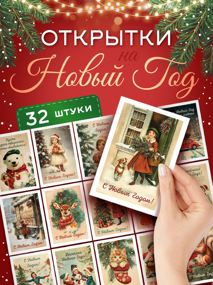 Новогодние мини открытки Набор №3 - 32шт, в ретро стиле СССР, без повторов, подарок на Новый год 2025 #1