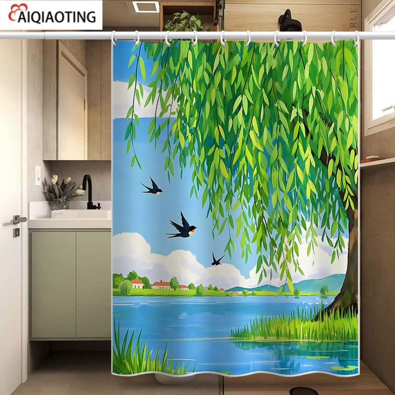 AIQIAOTING Штора для ванной 200x150 см тканевая птицы лазурный #1