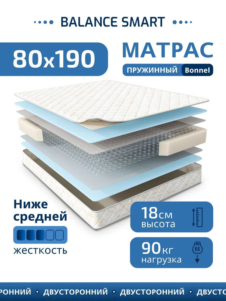 Матрас ортопедический пружинный 80x190 см BALANCE SMART, Зависимые пружины, высота 18 см, 1 шт, белый #1