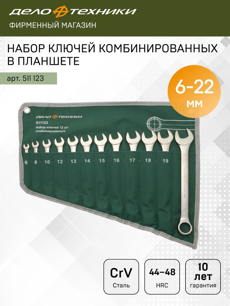 Набор ключей комб-х, 12шт (6,8,10,12,13,14,15,16,17,18,19,22) (ЕВРО) тетрон. 10/1