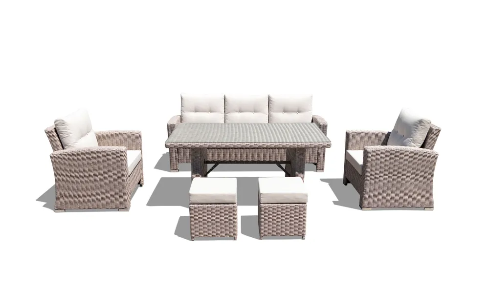 PREMIUM Комплект садовой мебели Full Comfort - RHINO из искусственного ротанга (диван, обеденный стол, 2 кресла, 2 пуфа) бежевый, бежевый, фото 5
