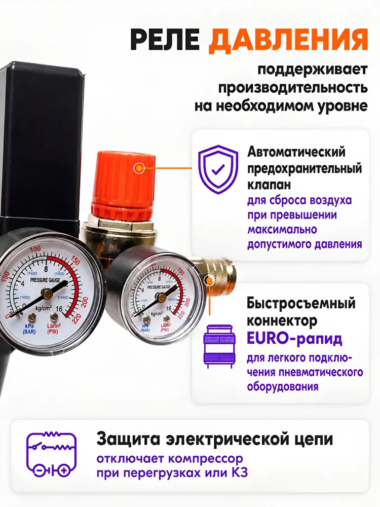 Компрессор воздушный ременной 100 л, 500 л/мин КМП-500/100P-EU Eurolux, 100 л, 500 л, фото 3