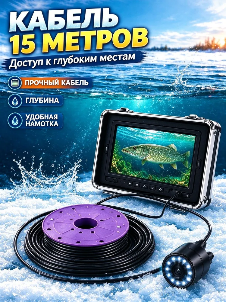 Визуальный эхолот, подводная камера для рыбалки 7 дюймов, 15 м кабель, HD изображение в мутной воде, 24 ИК-подсветок, для зимней и летней рыбалки, 15 м, фото 6