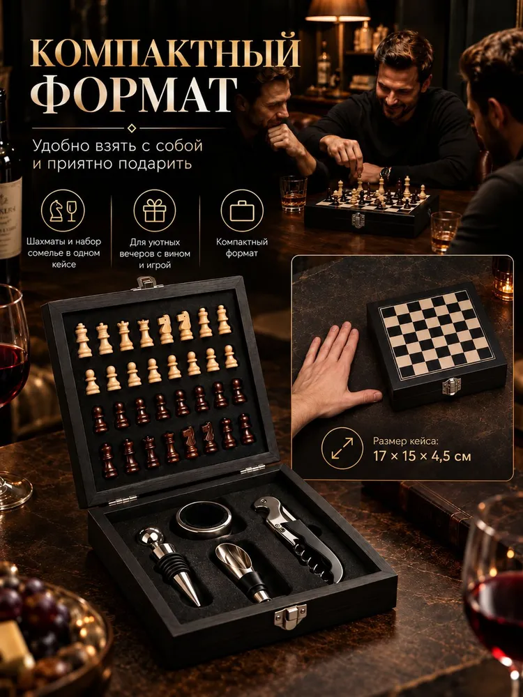 Подарочный набор 5в1 с шахматами и для вина мужчине, вариант, фото 4