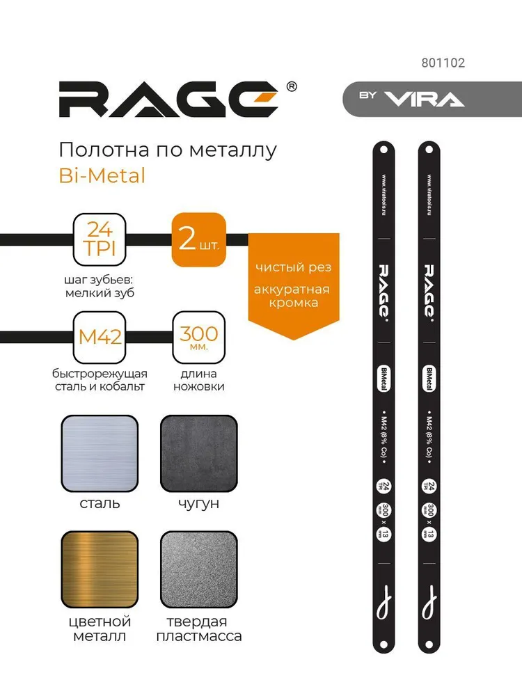 Полотна по металлу Bi-Metal 300 мм 2 шт для ножовки RAGE, 2 шт