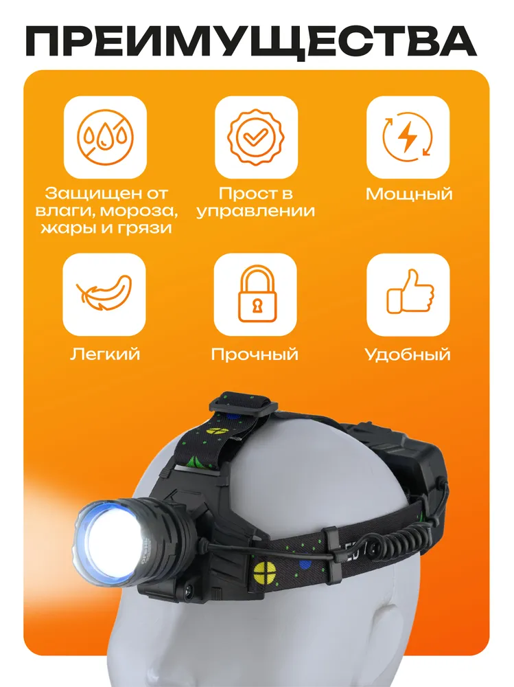 Фонарь налобный, аккумуляторный, мощный, светодиодный, Airclif, вариант, фото 5