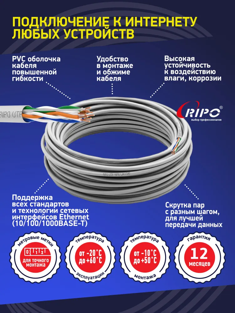 Витая пара, кабель UTP Cat5e 24AWG CCA, сетевой LAN Ethernet интернет-кабель, 100 м, RIPO, 100 м, фото 6
