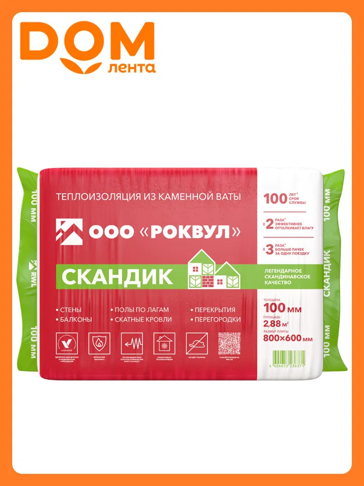 Каменная вата ROCKWOOL ЛАЙТ БАТТС СКАНДИК 100 мм 4,32 м изоляционное покрытие, 2,88 м