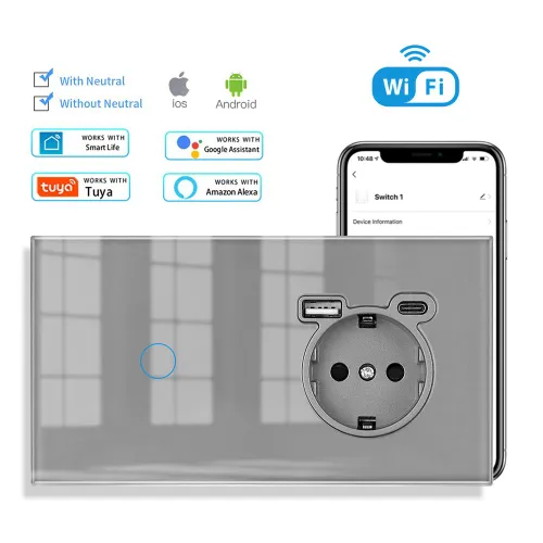Умный выключатель одноклавишный Wi-Fi с розетка с usb ,1клавиша ,2пост стекло 153х82 мм ,Серый