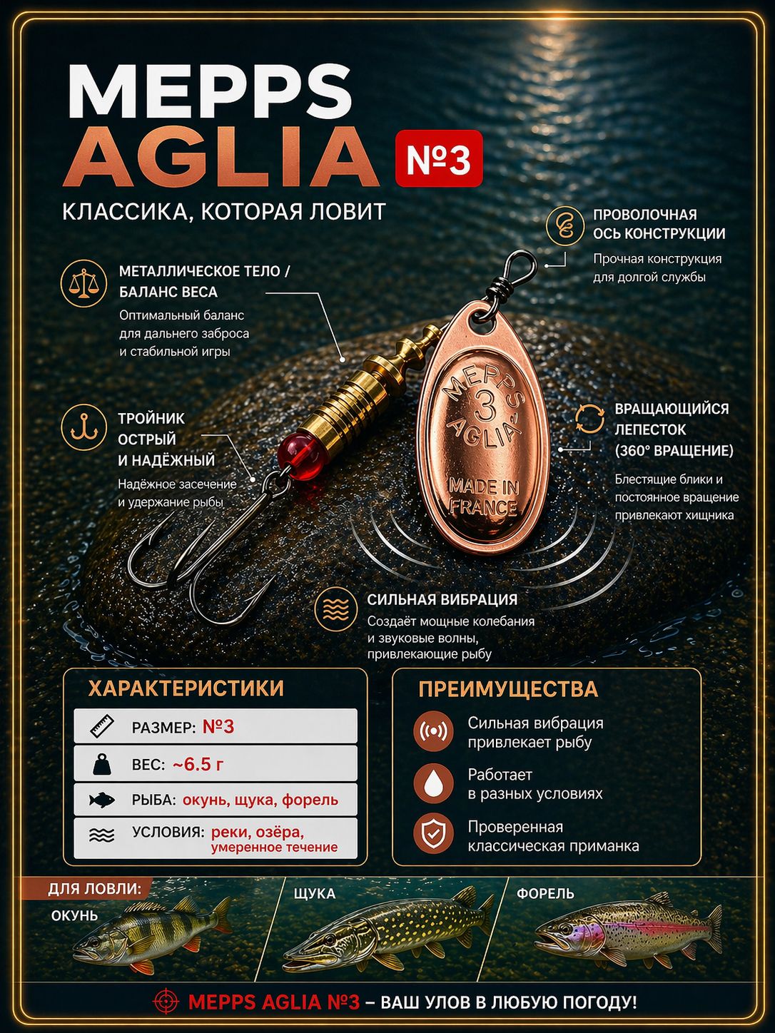 Блесна вращающаяся для рыбалки Mepps AGLIA №3 на щуку, окуня, форель