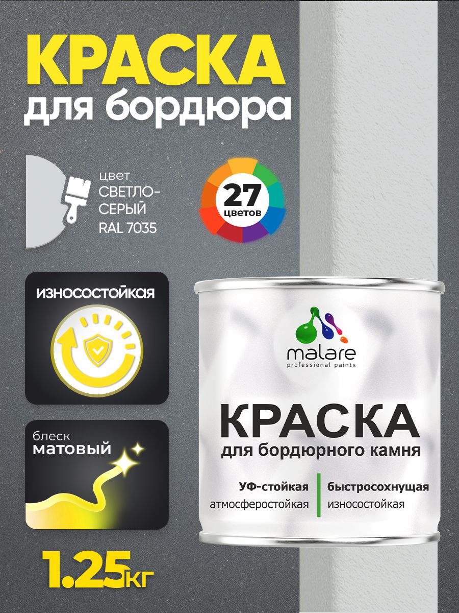 Краска Malare для бордюрного камня, тротуарных камней и плит, износостойкая, быстросохнущая, матовая RAL 7035, светло-серый, 1,25 кг