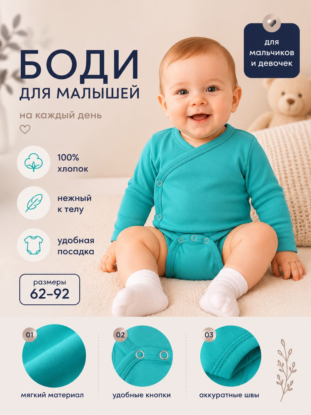 Боди детское для мальчиков для девочек MINAKU зеленый, рост 68-74 см
