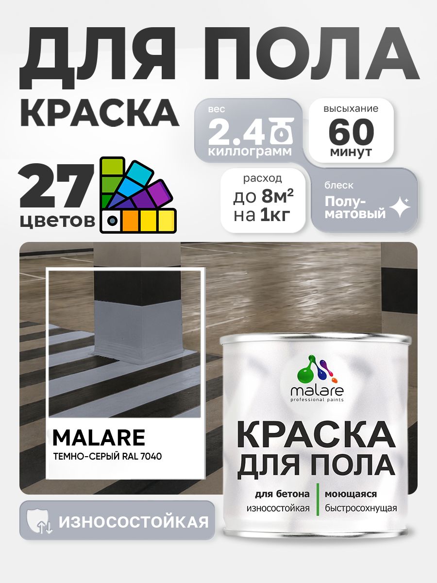 Краска для пола Malare акрил-уретановая эмаль для бетонных полов/ износостойкая, быстросохнущая моющаяся, полуматовая RAL 7040 темно-серая, 2,4 кг