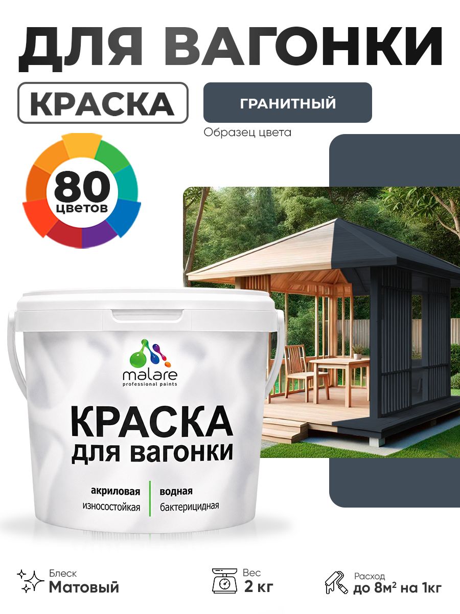 Акриловая краска для вагонки Malare для дерева, для фасадов и интерьера с антисептическим эффектом, быстросохнущая, без запаха, матовая, гранитный, 2 кг