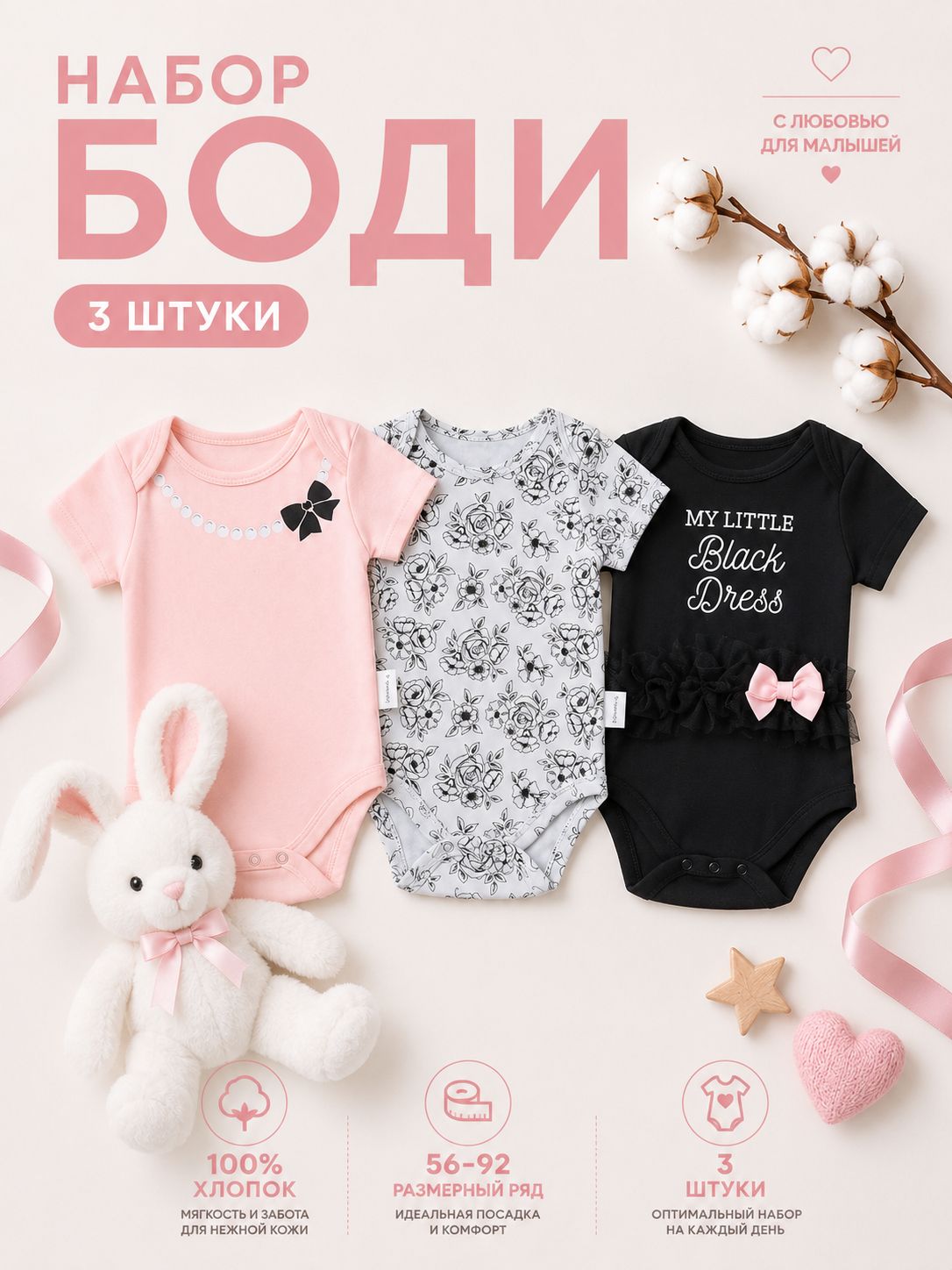 Боди для новорождённых с коротким рукавом Крошка Я Dress, набор 3 шт., рост 80-86 см