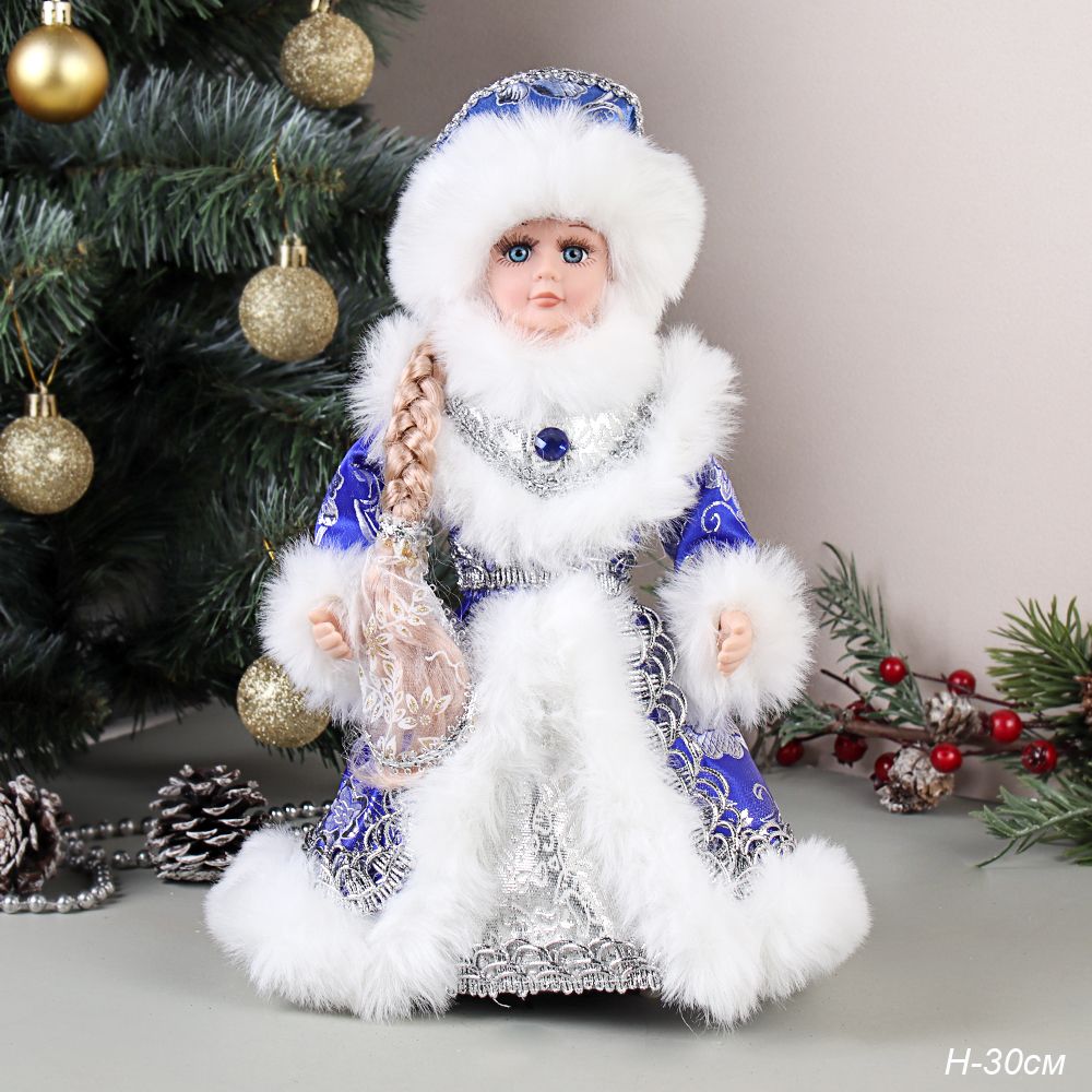 Статуэтка Новогодняя Снегурочка., музыкальная, текстиль и пластик, 30 см, цвет бежевый, белый, синий, серебристый