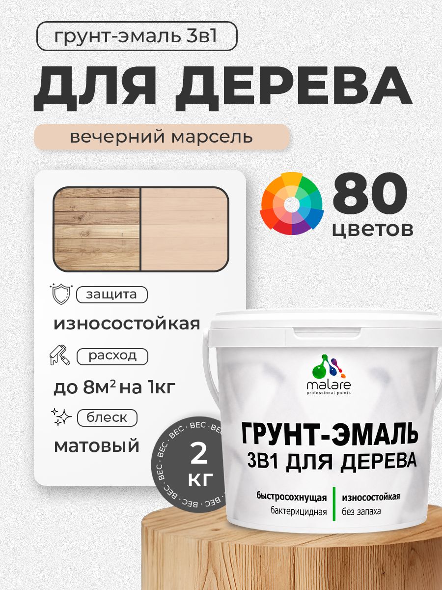 Акриловая Грунт-Эмаль 3 в 1 Malare для деревянных поверхностей с антисептическим эффектом, быстросохнущая, моющаяся без запаха матовая, вечерний марсель, 2 кг