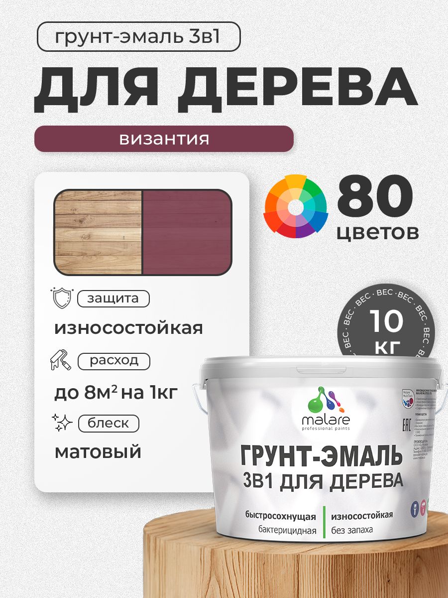 Акриловая Грунт-Эмаль 3 в 1 Malare для деревянных поверхностей с антисептическим эффектом, быстросохнущая, моющаяся без запаха матовая, византия, 10 кг
