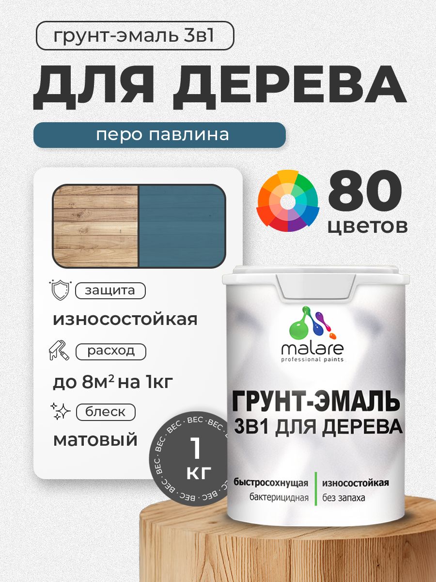 Акриловая Грунт-Эмаль 3 в 1 Malare для деревянных поверхностей с антисептическим эффектом, быстросохнущая, моющаяся без запаха матовая, перо павлина, 1 кг