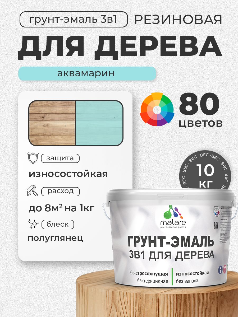 Латексная Грунт-Эмаль 3 в 1 Malare для деревянных поверхностей с антисептическим эффектом, быстросохнущая моющаяся без запаха полуглянцевая, аквамарин, 10 кг