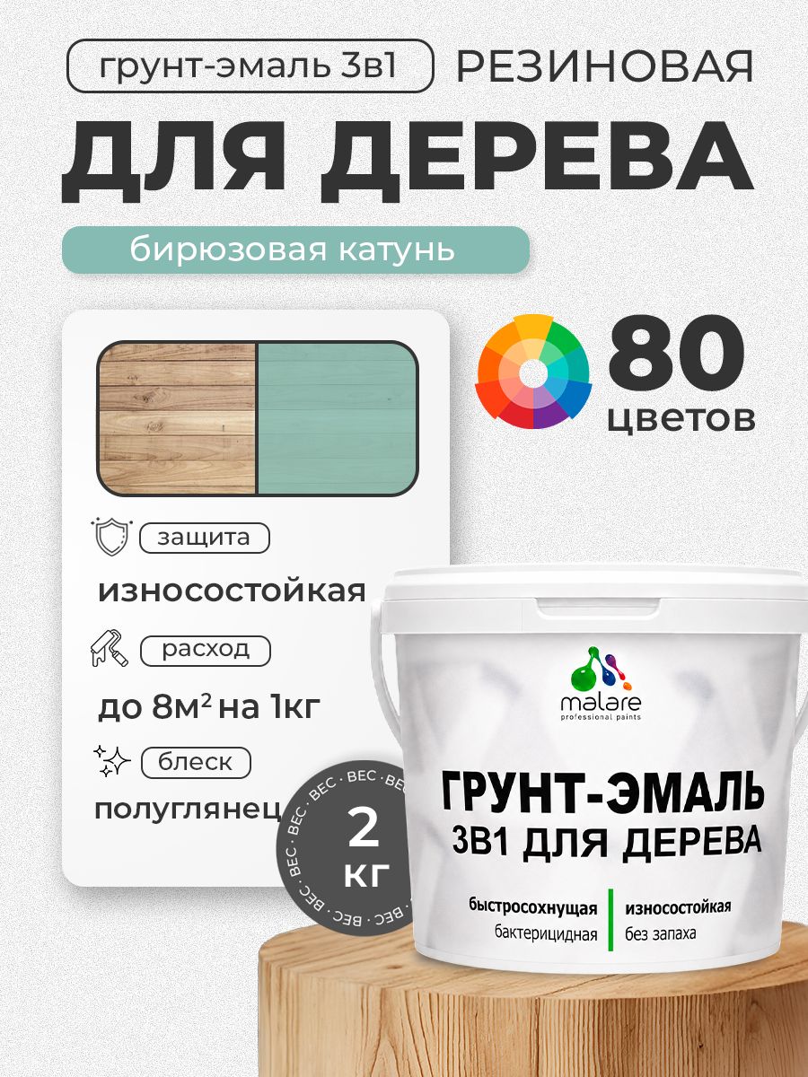 Латексная Грунт-Эмаль 3 в 1 Malare для деревянных поверхностей с антисептическим эффектом, быстросохнущая моющаяся без запаха полуглянцевая, бирюзовая катунь, 2 кг